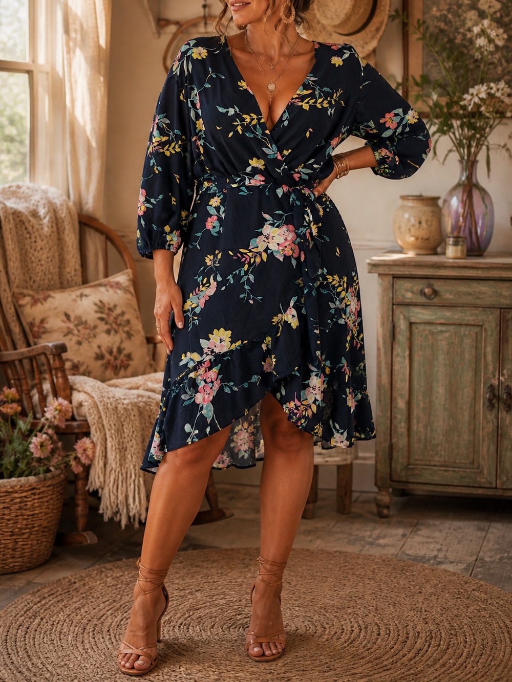 Vero Moda Floral Faux Wrap Dress Boho Cottagecore Midi Navy Romantic Flowy 1X
